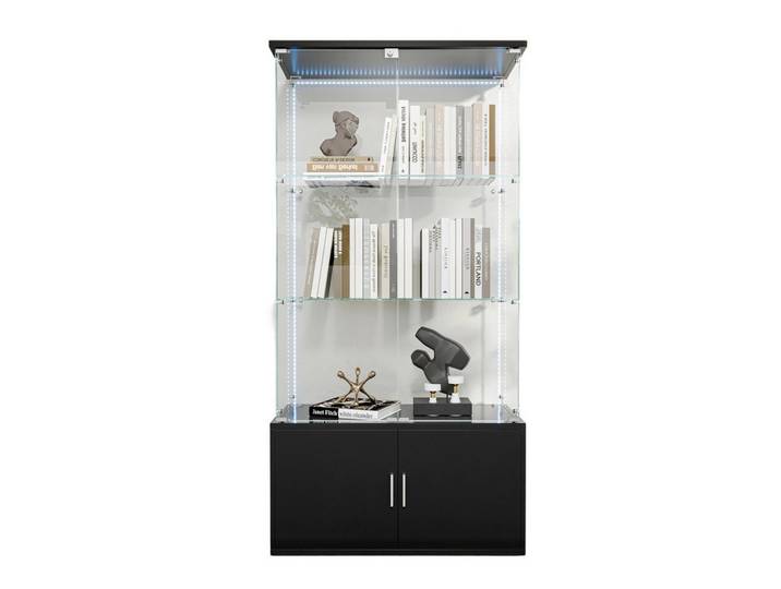 Shopentra Glasvitrine Schwarz LED Lichtband 78x35x164 cm, Glas, 35x164x78.51 cm, Esszimmer, Vitrinen, Vitrinenschränke