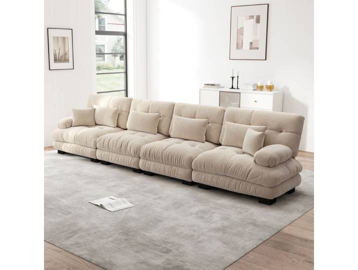Canape D Angle 4 Places Chenille Beige Sofa Design FloraGrace Pour Salon Assise Profonde 406x77x81cm