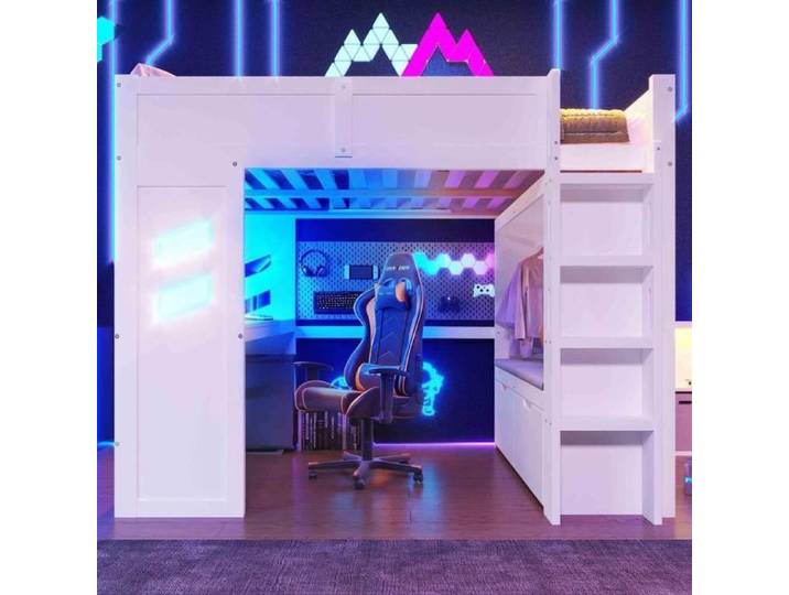 Lit mezzanine - KOMHTOM - Gaming - 140x200 cm - Bureau intégré - LED & USB‑C