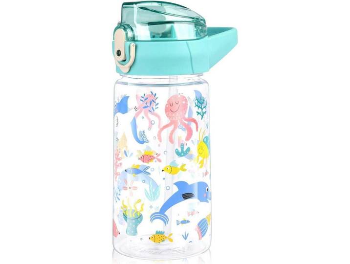 Kinder-Trinkflasche mit Strohhalm 500 ml Cyan Meerestier, Mehrfarbig, Kunststoff, 19x19 cm, Geschirr, Kannen & Karaffen, Trinkflaschen