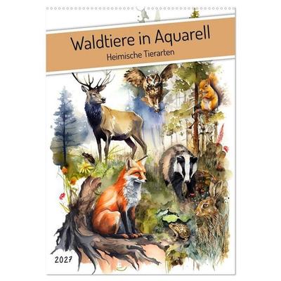Waldtiere in Aquarell - Heimische Tierarten (Wandkalender 2027 DIN A2 hoch), CALVENDO Monatskalender