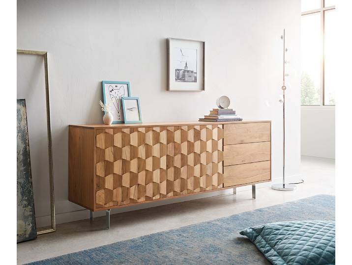 DELIFE Sideboard Fevo 175 cm Akazie Natur 2 Türen 3 Schubfächer L-Fuß