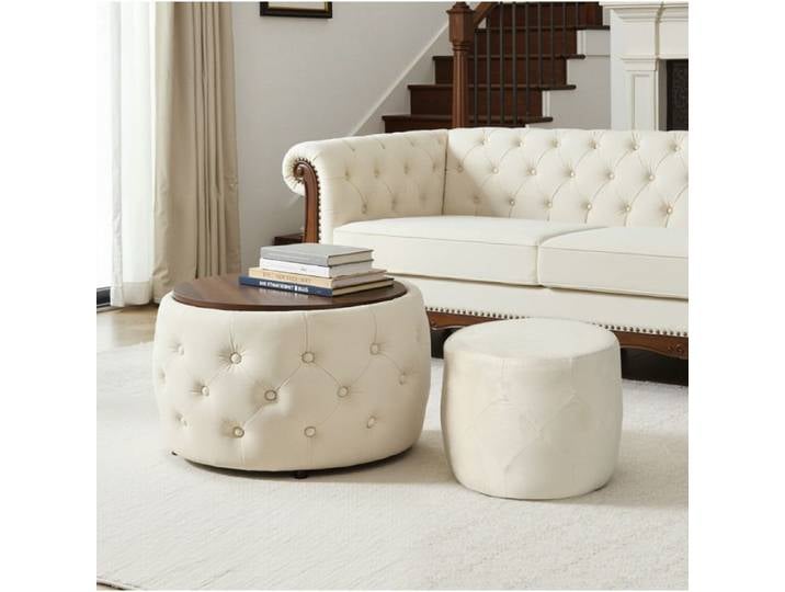 VUENOR Pouf gigogne 2 pièces 60x60x38 cm beige – rangement plateau bois