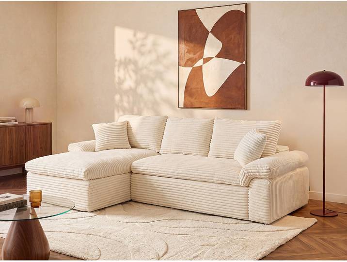 Sofa mit Ecke Links, komprimiert, in Breitcord - Cremeweiß DOREPA