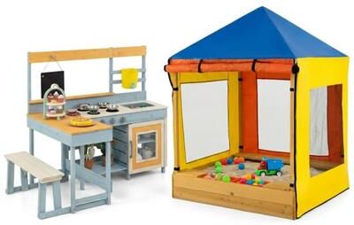 Costway Ultimate Kids Outdoor Backyard Play Center: 3-in-1 Wooden Mud Kitchen & Picnic Table Set with Fully Covered Canopy Sandbox