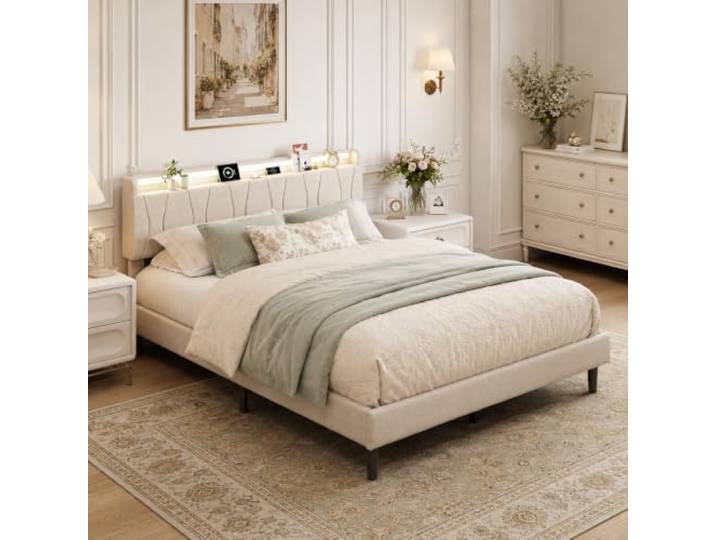 Polsterbett Doppelbett 140x200cm mit LED, Jugendbett mit Lattenrost, Leinen 18 cm Bodenfreiheit, stabile Metall-Holz-Konstruktion, pflegeleichter Bezug, ideal für Schlaf- und Gästezimmer