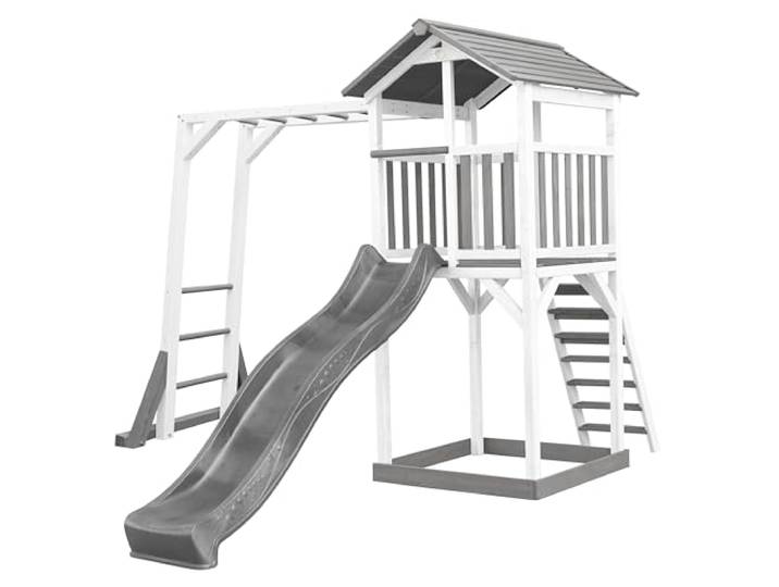 AXI Beach Tower Grau & Weiß mit Grauer Rutsche & Sandkasten Spielplatz, Spielturm mit Buddelkasten & Klettergerüst, FSC Holz, Podesthöhe: 117,5 cm