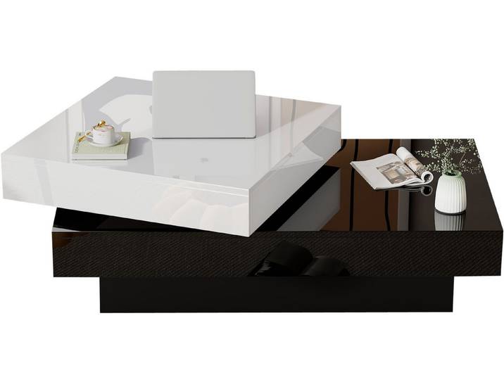 SeedWave Couchtisch Moderner Doppelstöckiger Sofatisch mit 360-Grad Drehbarer Oberplatte, Wohnzimmertisch mit Hochglänzenden Oberflächen