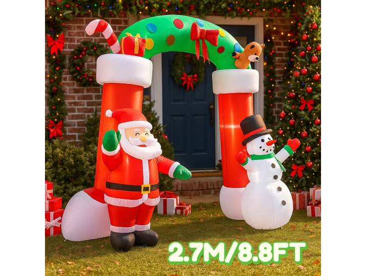 Décorations de noël 2.7M/8.8 pieds, jouet gonflable, arc du père noël et du bonhomme de neige, ornements de cour de maison, décor LED, jouet de fête de noël