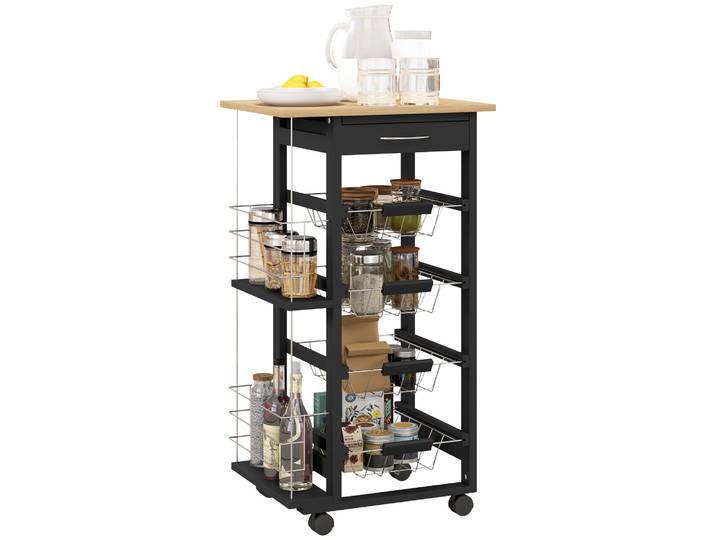 HOMCOM Carrito de Cocina con Ruedas Carrito Multiusos con Cajón 4 Cestas Extraíbles de Metal y Bastidores 47x37x83 cm Noir
