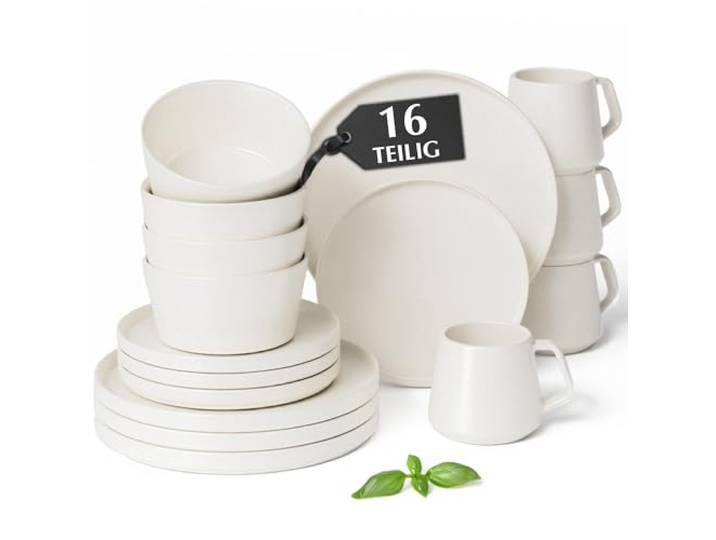 MIAMIO - Geschirrset 4 Personen, Keramik (16-teilig) - Luxe (Cremeweiß) Modernes Tafelservice Steingut / große & kleine Teller, Schüsseln & Kaffeetassen, Keramik Geschirr Set - spülmaschinenfest