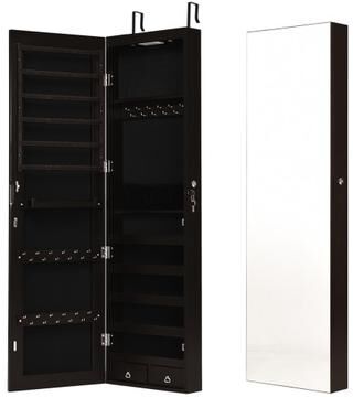 Costway Wall and Door Mounted Mirrored Jewelry Cabinet with Lights-Brown