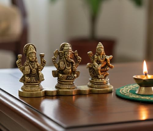 Esplanade Laxmi Ganesh Saraswati Beeldje - Messing - Hoogte: 5 cm