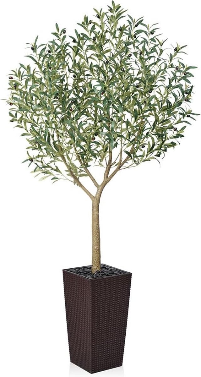 Kunstmatige olijfboom met fruit en zijden bladeren, uv-bestendig, inclusief plantenbak, Hoogte: 210 cm