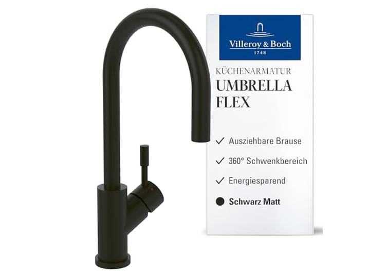 Villeroy & Boch Umbrella Flex Küchenarmatur, Höhe 220 mm – Schwarz Matt Ausziehbare Handbrause, 360° Schwenkbereich, Durchflussbegrenzung, Hochdruck, 92540006
