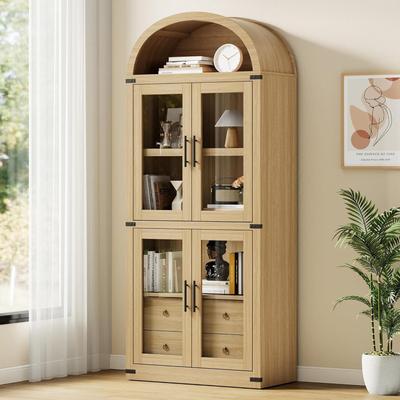 Garvee 71.4in Tall Wooden Arched Bookshelf with Doors and Drawers Farmhouse Rounded Bookcase for Home Office