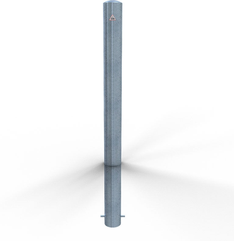 Schake Absperrpfosten ortsfest  zum Einbetonieren aus Stahlrohr verzinkt Ø102x2,9mm mit Erdanker und Stahlkappe 900mm Überflur