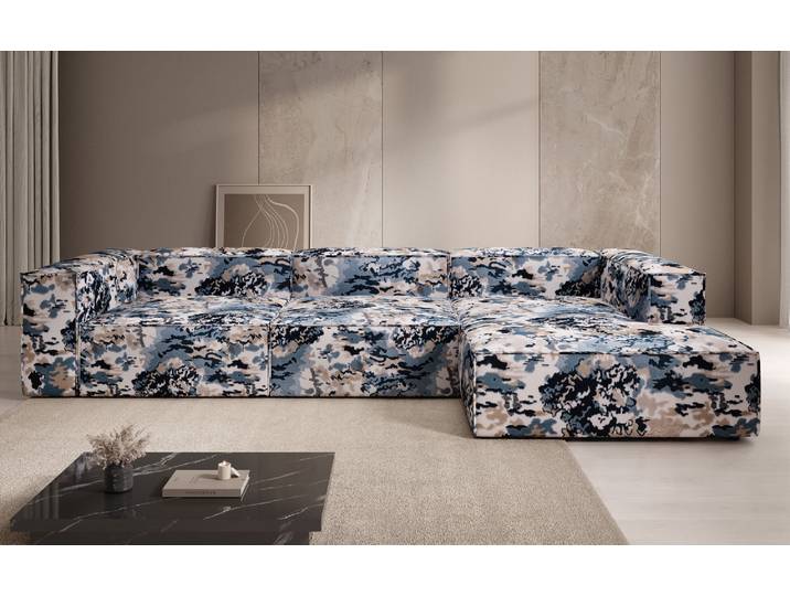 Designer Ecksofa Lesley - Jacquard mit Aquarell-Muster - Prussian Blau - Rechts - Jacquard - Luxusbetten24