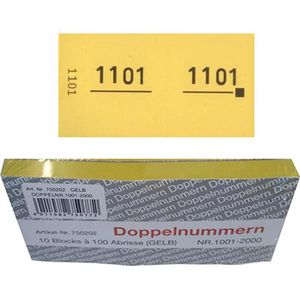 Wolf&Appenzeller Nummernblock Doppelnummern 750202, gelb, Nummern 1001 - 2000, 10 Blöcke à 100 Abrisse