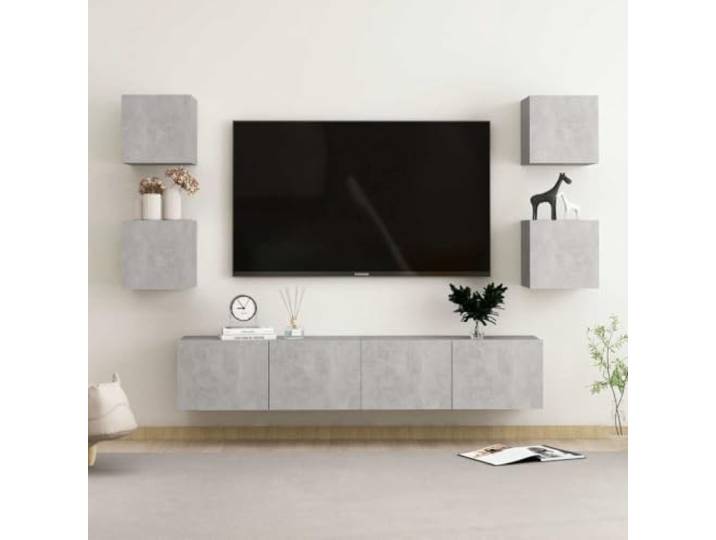 HEFZGDB 6-TLG. TV-Schrank-Set Betongrau Holzwerkstoff Wandmontage mit Staufächern für Aufbewahrung und Organisation