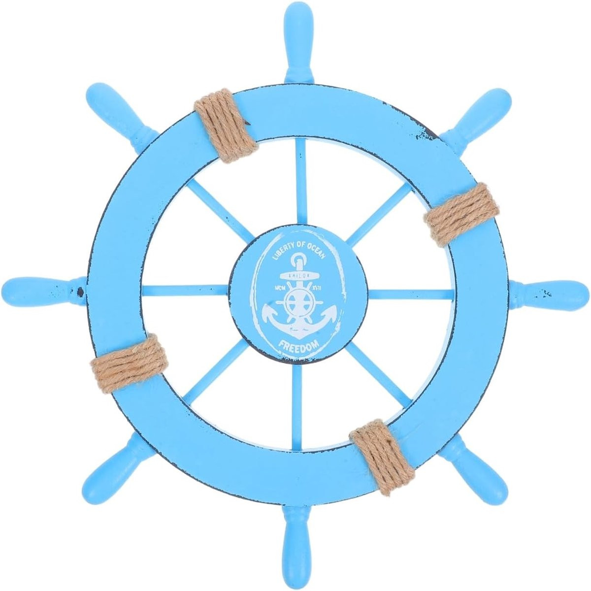 Maritieme Wanddecoratie Houten Stuurwiel met Anker - Vintage Nautische Decoratie - Hemelsblauw - 28 cm