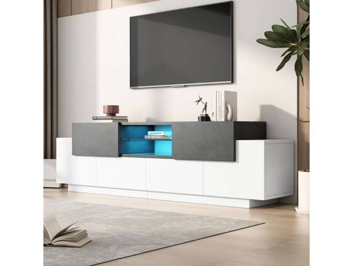 Meuble TV Salon avec Éclairage LED Commode avec Étagères s en Verre Moderne Meuble TV avec Rangement 180x40x45cm Blanc et Gris