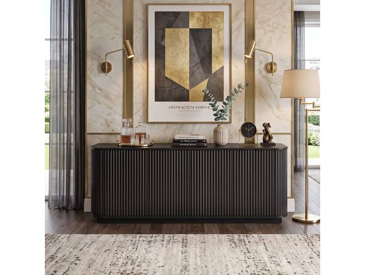 Enfilade 162.5x38x61cm Grand Rangement Design Soigné Cannelé MDF 4 Portes Push-to-Open & Passe-Câbles