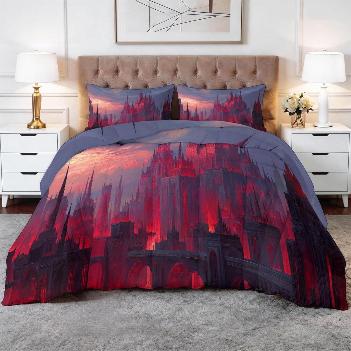 Dekbedset All-Season Rood Kasteel met Box-stiksel vulling - 200x200 cm - Microfibre