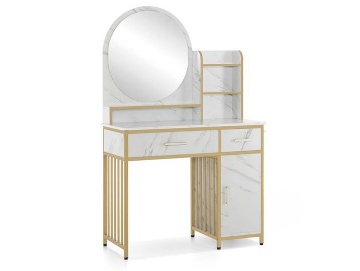 M MCombo 2501 Coiffeuse avec miroir 2 tiroirs 3 étagères ouvertes structure en métal marbré blanc doré