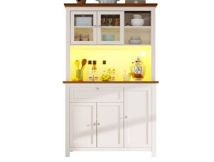 Buffet haut cuisine 104x40x180cm - Vitrine étagères réglables - Éclairage LED couleur variable - Blanc - Meuble rangement