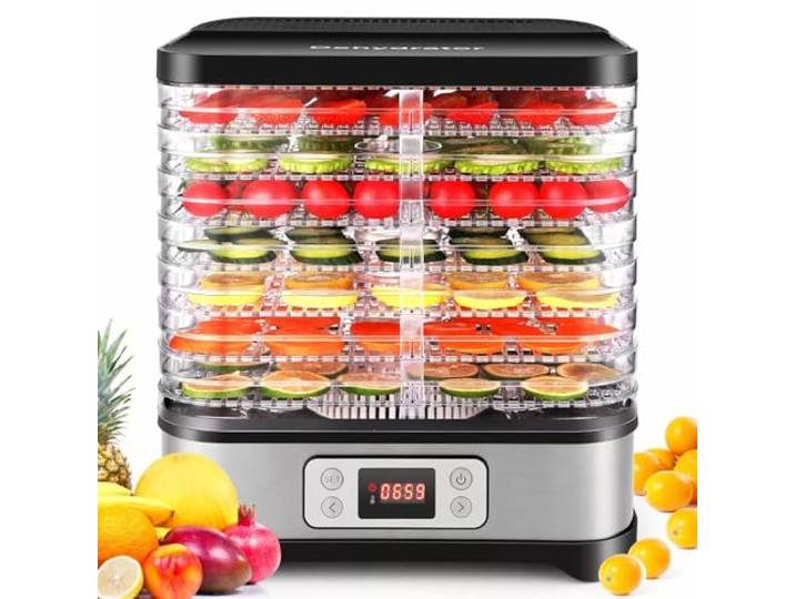 Nictemaw Dörrautomat Edelstahl, 400W Dörrgerät Dehydrator Dörrapparat mit 8 Einlegefächer, Temperaturregelung 35-70℃, für Fleisch, Früchte, Gemüse und Nüsse