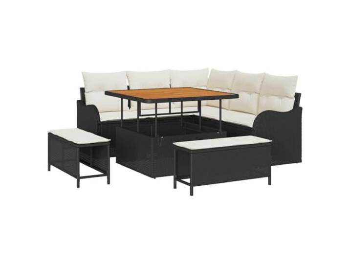 KTHLBRH Gartenmöbel-Set, 8-teilig, schwarz, Polyrattan Sessel mit abnehmbaren Kissen, Beistelltisch aus Akazie, Stahlgestell, modulares Design, Außenbereich