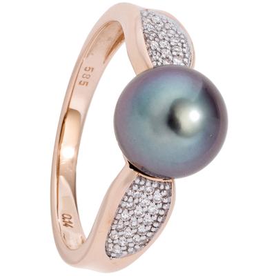 Perlenring JOBO "Ring mit Tahiti-Perle und 34 Diamanten" Gr. 56, rosa (roségold 585), Fingerringe, Damen, 56, SI = kleine Einschlüsse, Diamanten Perlen Roségold 585, Diamanten, Perlen, Roségold 585, Perlenring, 585 Roségold