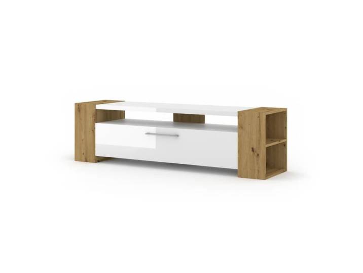 Commode Meuble TV Livia Chêne artisanale/blanc brillant 45x160x40cm (HxlxP) - Design moderne de haute qualité