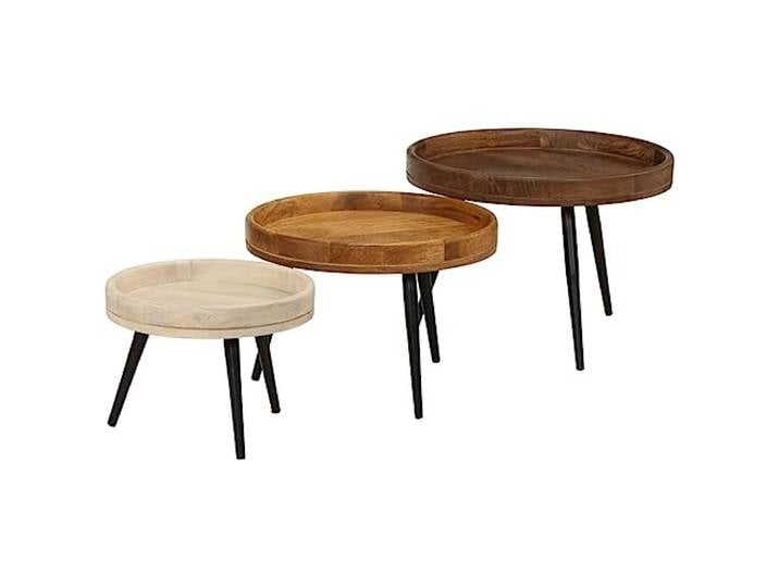 GKHPYURE Runde Tische 3 Stück aus massivem Mangoholz und Stahl Set mit 3 Beistelltischen aus massivem Mangoholz, Beine aus Stahl, Finish in Bernstein, Walnuss, robuste Tischplatte, Montage