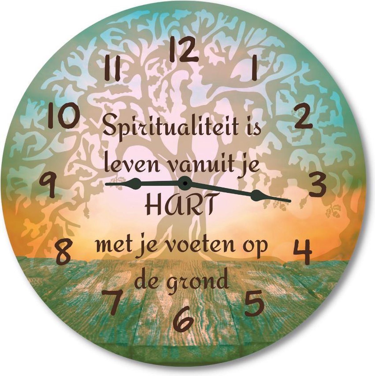 Spirituele Wandklok Levensboom met tekst Leven vanuit je hart - Houten Wanddecoratie voor Yoga en Meditatie