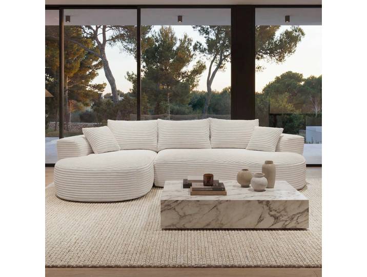 Sofa-Garnitur HWC-P19, 3-Sitzer Couch Loungesofa, Stoff/Textil Cord (370 g/m²) Liegefläche links Weiß