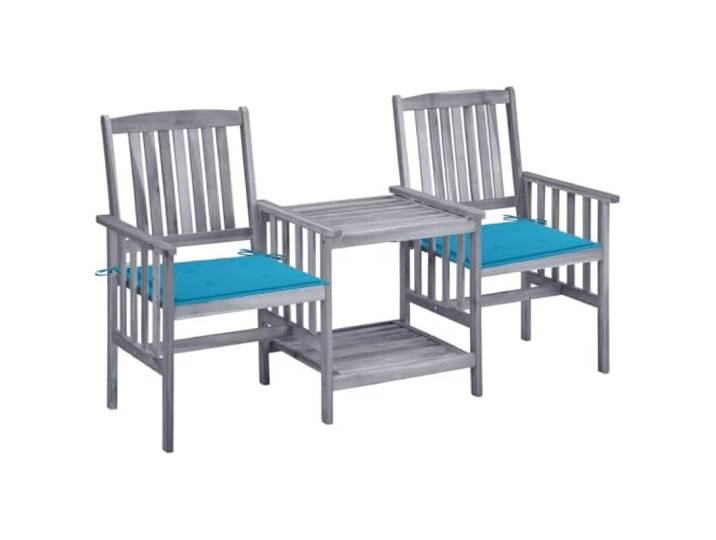 Massives Akazienholz Teezeit Set für Garten Terrasse mit Kissen Grau Gartenstuhl Set mit Teetisch und Kissen Massivholz Akazie Bistro Sitzgruppe fuer Terrasse Balkon mit Blau Polster