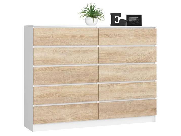 Grande Commode pour le salon AKORD K160 Blanche 160 cm 10 tiroirs façade Chêne Sonoma 160x40x121 cm