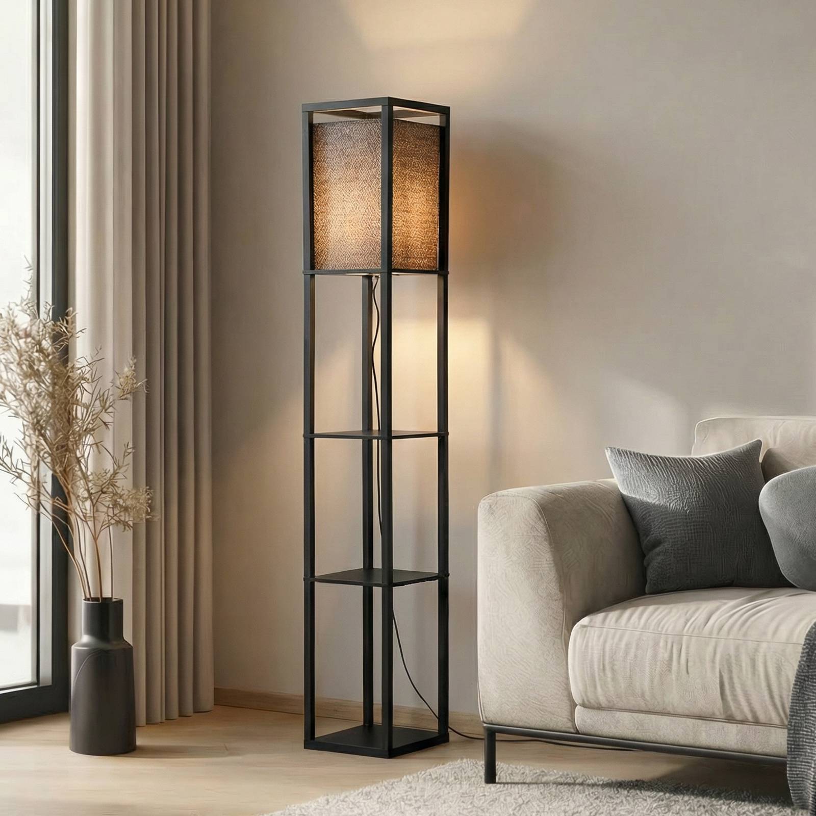 Stehlampe Birta Lindby, schwarz, für Wohn- / Esszimmer, Holz, Modern, Stehlampe
