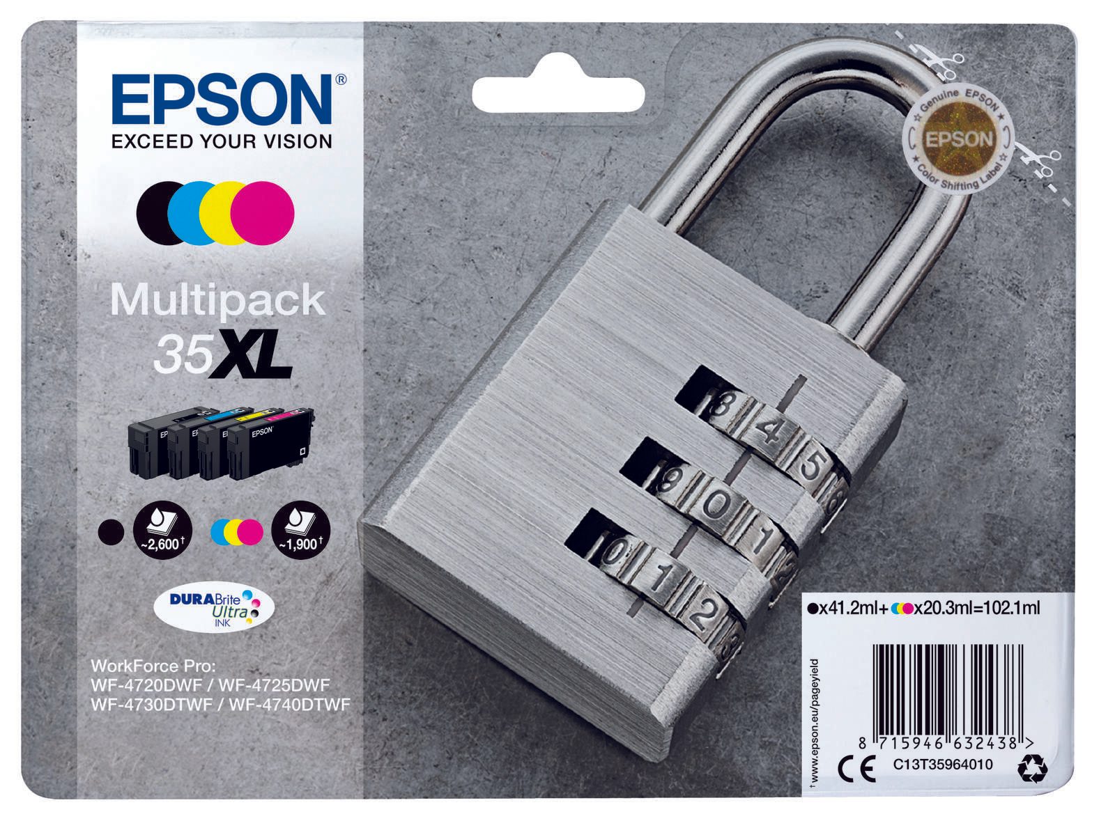 Epson Original 35XL Schloss Druckerpatronen 4er Multipack schwarz cyan magenta gelb (C13T35964010)