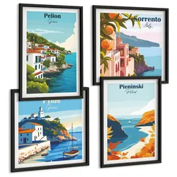 BILDER SET 4er Set - 50x50 cm & 40x60 cm Schwarzer Rahmen - Retro-Landschaften im malerischen Stil