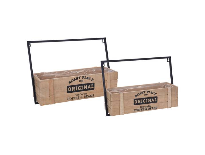 Pflanzkästen 2er-Set aus Holz und Metall, Blumenkästen in zwei Grössen, schwarz, braun
