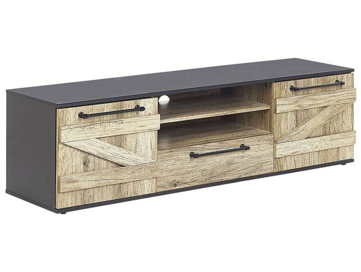 Beliani - Meuble Tv Noir Et Bois Clair Avec 2 Portes Et Tiroir Spacieux Solution Rangement Idéale Pour Salon Ou Chambre Au Style Rustique Et Campagne