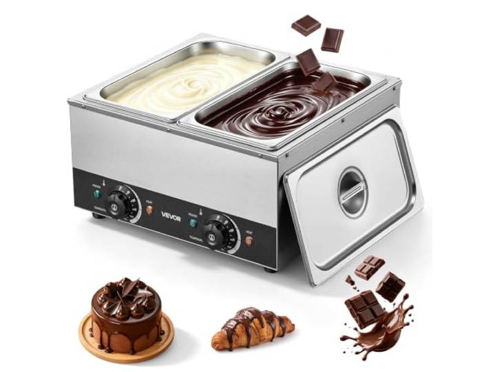 VEVOR Fondoir à Chocolat 2 Cuves 1600 W Régulation Thermique Indépendante Pour Beurre Fromage Lait Sauces Chocolaterie\, Capacité 8\,2 kg\, Bain Marie Électrique Chauffe Chocolat 30-85 °C\, Corps en Inox
