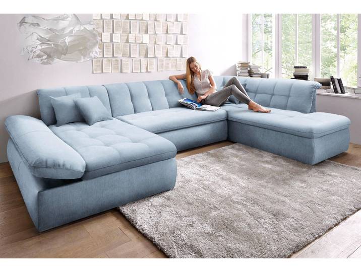 Wohnlandschaft, Microfaser PRIMABELLE, Pastelblau, 353×216×80 cm, U-Form, Mit Bettfunktion & Armlehnenverstellung, Modern, Domo-Collection