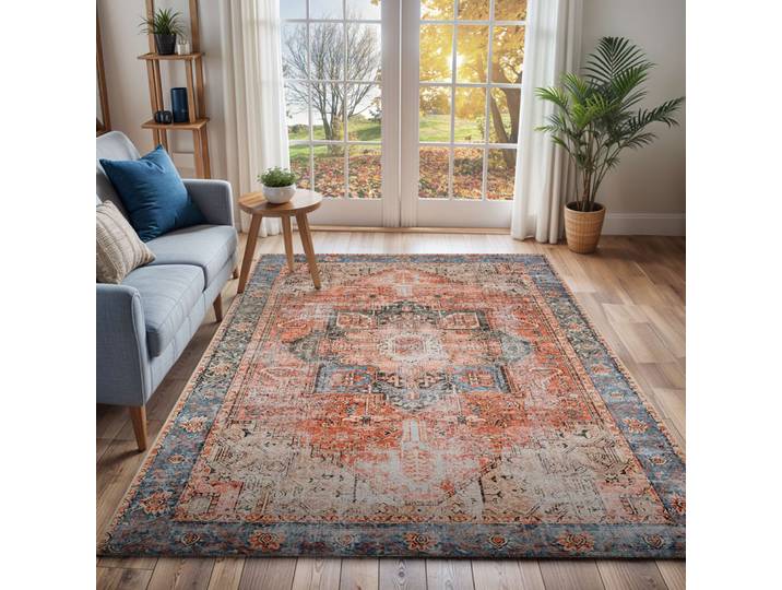 Tapis vintage lavable en machine rouge/bleu 200x275