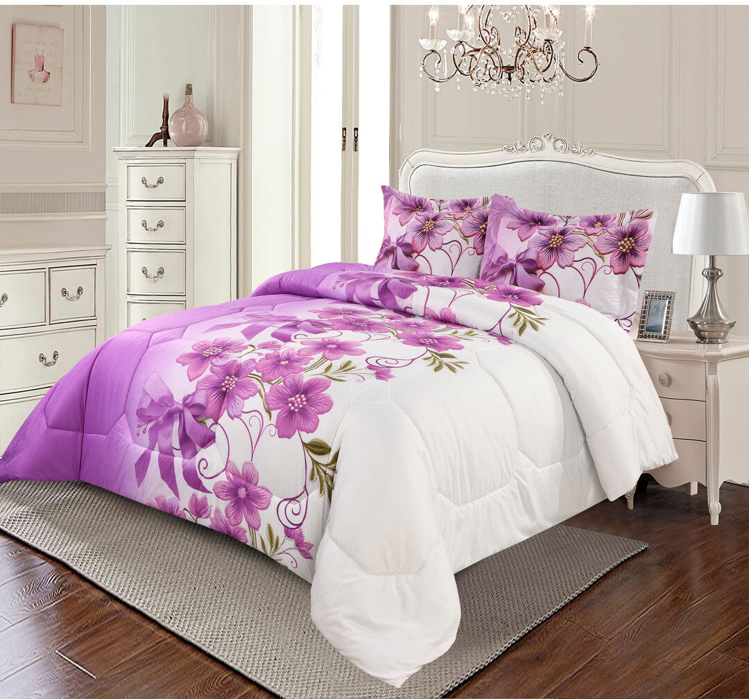 Textile Home Purple Trendy Printed Bedspread Floral Design Quilted with Pillow Shams Purple King Bedspread + 2 Standard Shams