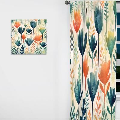 DESIGN ART "Designart ""Teal Coral Scandinavia Floral Pattern"" Abstract Curtain - Blackout Abstract Curtain - 1 Panel"