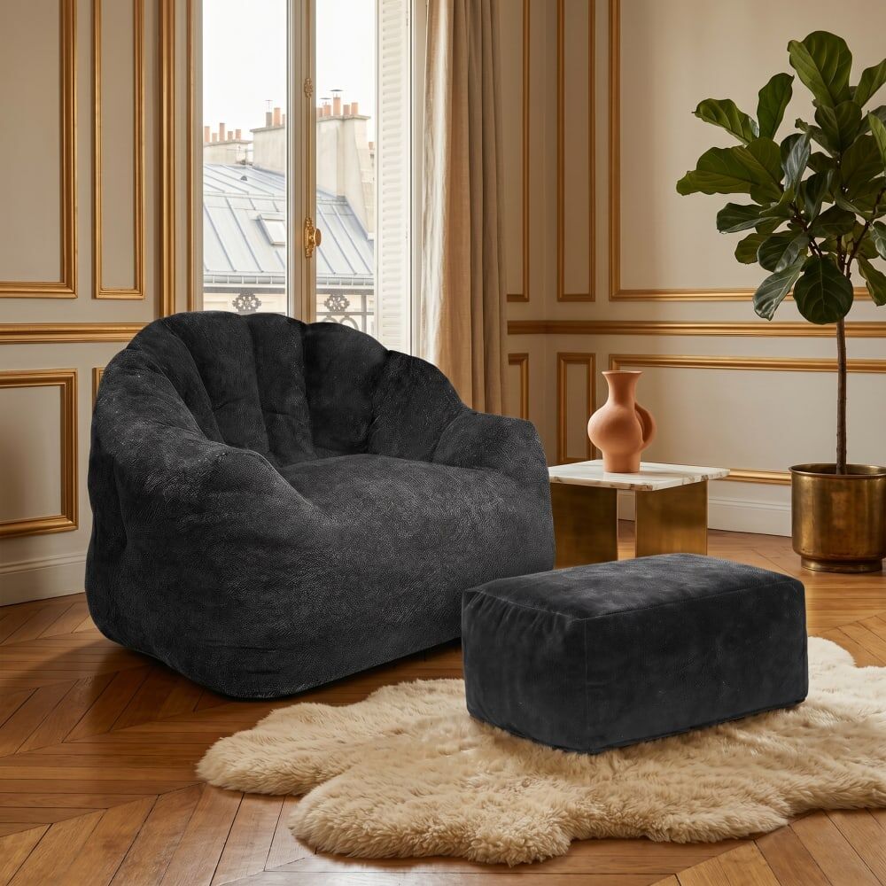 Urban Meuble Sillón redondo acolchado con reposapiés negro con brillo